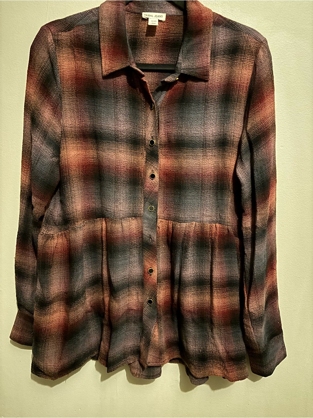 Tribal Plaid Button-Front Shirt in Rust, Navy and Cream